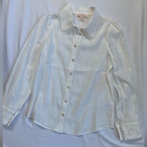 Elegant White Lace Pearl Button Down Blouse